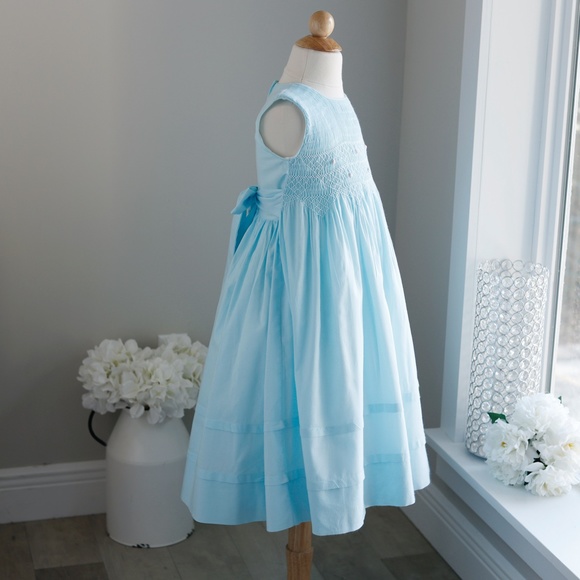 Strasburg Dress Smocked Sleeveless RARE Aqua Blue Pink Accents Spring Summer - Picture 3 of 7